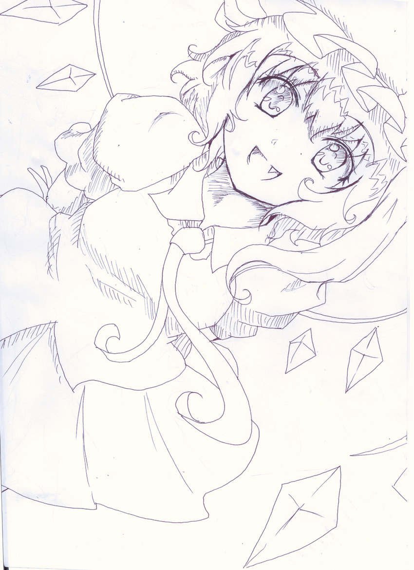 fang flandre_scarlet fukunaga_kazuhiro highres monochrome smile solo touhou traditional_media wings