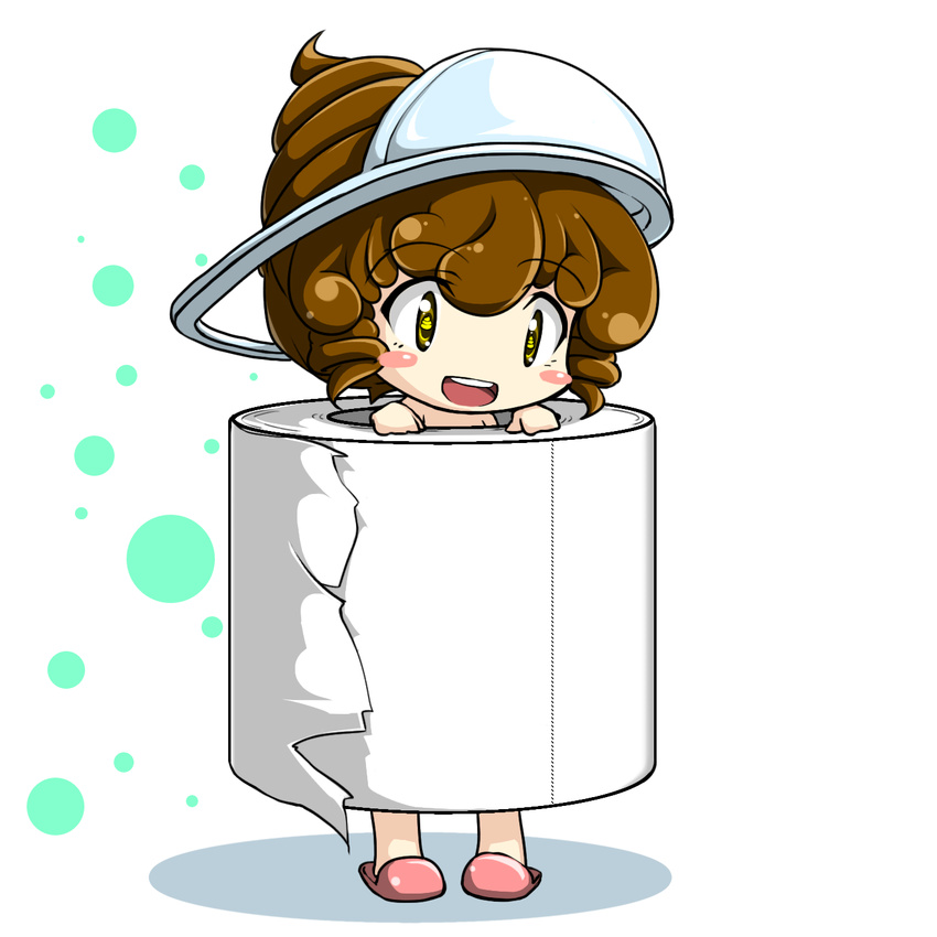 blush_stickers brown_hair chibi drill_hair hat highres open_mouth original personification poop red_star_(toranecomet) slippers smile solo squat_toilet standing toilet toilet_paper what yellow_eyes