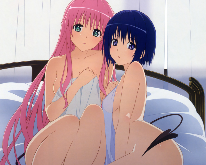 2girls bed blush lala_satalin_deviluke nipple_slip nipples nude oka_yuuichi pink_hair purple_hair sairenji_haruna see_through tail to_love_ru