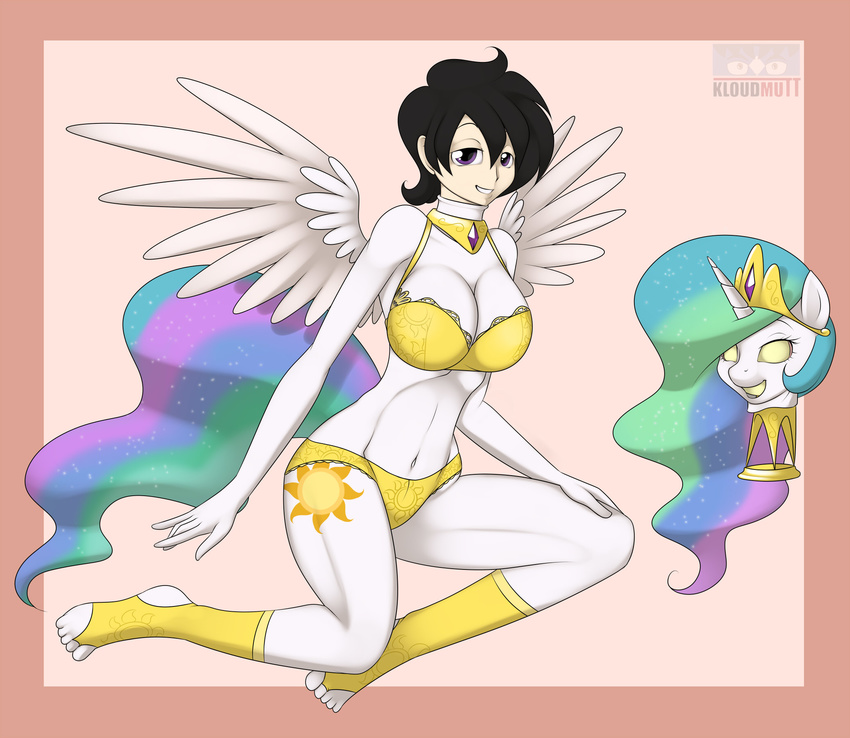 black_hair breasts cosplay costume crown cutie_mark equine female friendship_is_magic gold hair horn human kloudmutt mammal multi-colored_hair my_little_pony necklace princess princess_celestia_(mlp) purple_eyes royalty sitting socks sparkles winged_unicorn wings