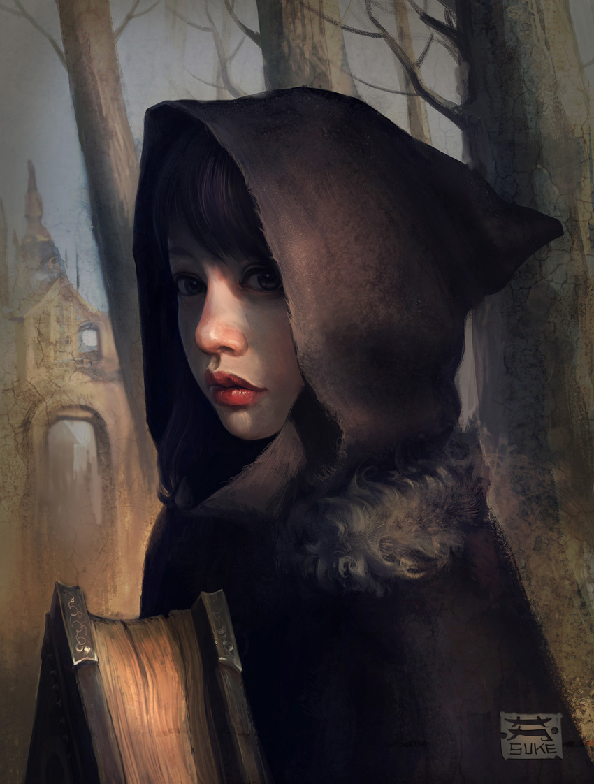 bangs bare_shoulders blue_eyes book fur grimoire highres hood lips looking_at_viewer original portrait suke84 tree watermark