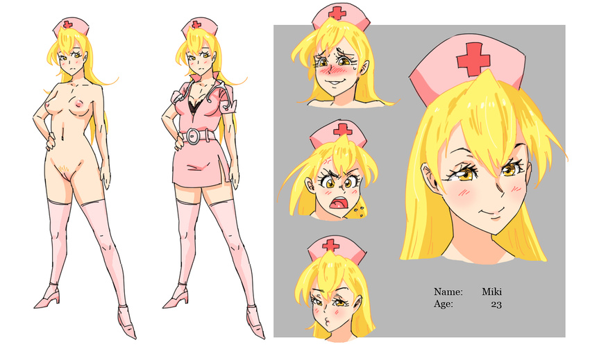 black_bra blonde_hair blush bra breasts character_sheet dress hat high_heels kiriririn nipples nude nurse nurse_cap original pink_legwear pussy shoes short_dress side_slit thighhighs underwear yellow_eyes