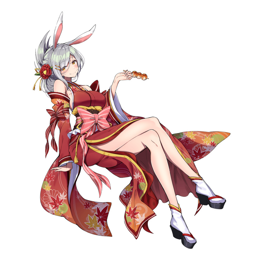 1girl animal_ears bunny_ears detached_sleeves flower full_body hair_flower hair_ornament hairclip highres holding japanese_clothes legs_crossed sandals silver_hair smile solo transparent_background uchi_no_hime-sama_ga_ichiban_kawaii yellow_eyes
