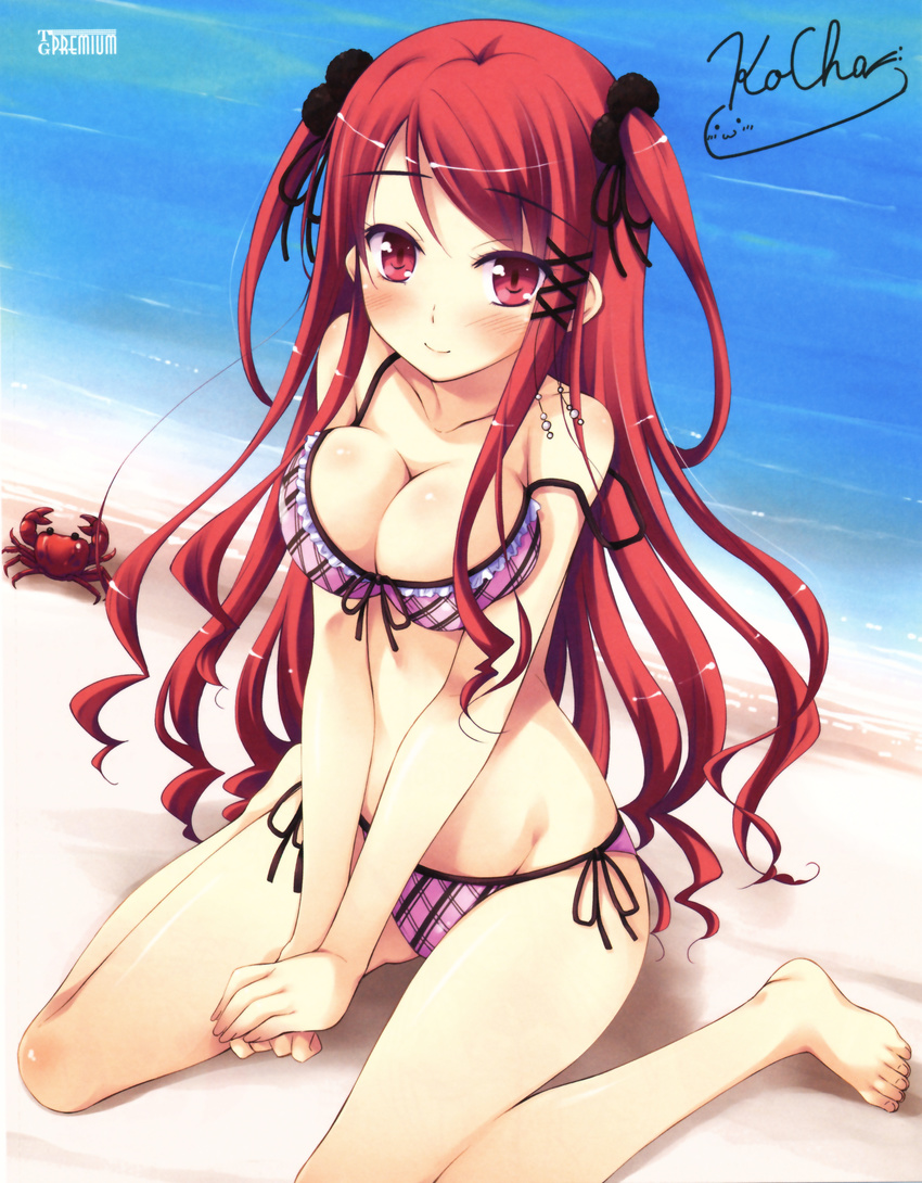 :3 absurdres barefoot bikini blush breasts caricature cleavage crab front-tie_top highres hinomiya_ayari ko~cha large_breasts long_hair looking_at_viewer ocean off_shoulder paper_texture plaid plaid_bikini red_eyes red_hair sand scan shiny shiny_skin side-tie_bikini signature sitting smile strap_slip swimsuit two_side_up wariza witch's_garden