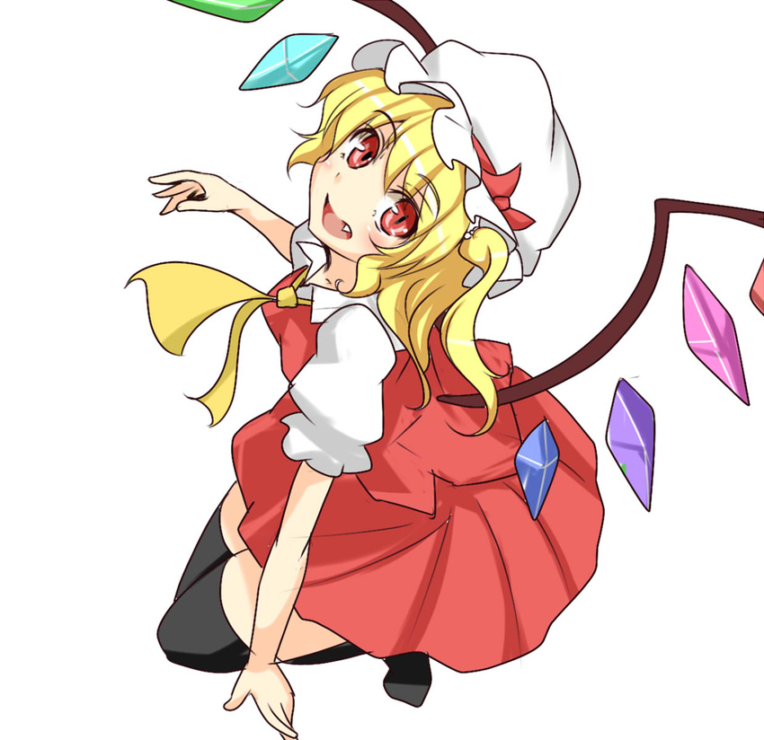black_legwear flandre_scarlet fukunaga_kazuhiro hat highres looking_at_viewer open_mouth red_eyes simple_background smile solo thighhighs touhou white_background wings