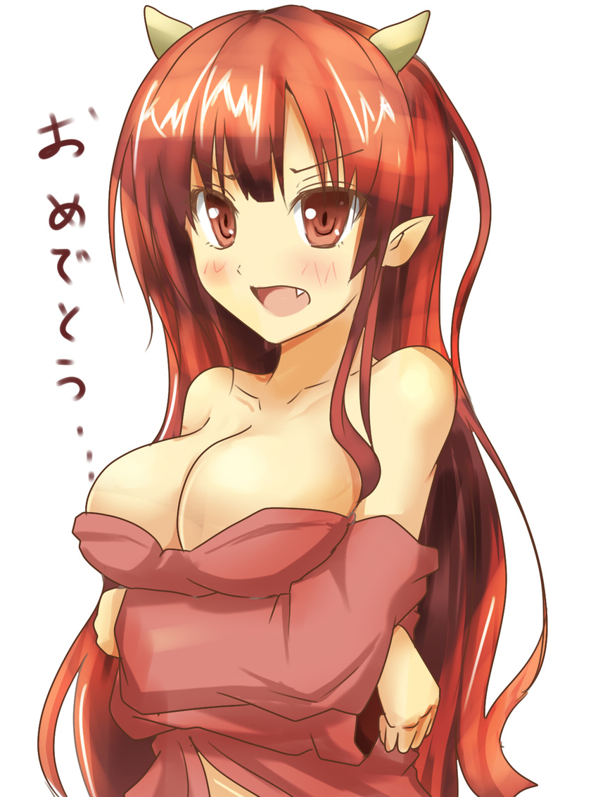 blush breast_hold breasts copyright_request fukunaga_kazuhiro highres horns large_breasts open_mouth red_eyes red_hair simple_background solo white_background