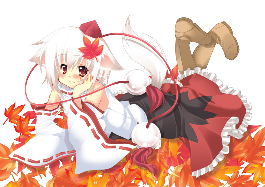 animal_ears blush boots detached_sleeves hat hikanyan inubashiri_momiji leaf lying on_stomach red_eyes short_hair smile solo tail tokin_hat touhou white_hair wolf_ears wolf_tail