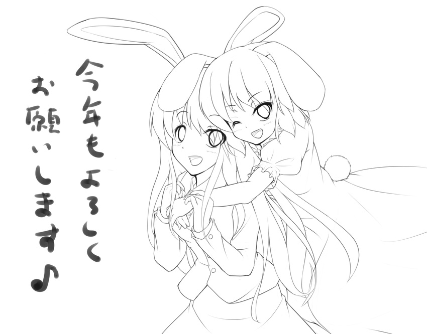 absurdres animal_ears bunny_ears bunny_tail greyscale highres hug hug_from_behind inaba_tewi lineart long_hair monochrome multiple_girls one_eye_closed open_mouth reisen_udongein_inaba ryosios short_hair smile tail touhou translation_request transparent_background
