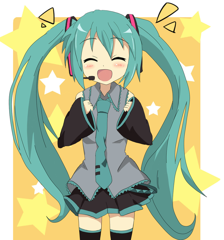 aqua_hair bad_id bad_pixiv_id blush closed_eyes detached_sleeves hair_ornament hatsune_miku headset highres inaka_gyomin long_hair necktie open_mouth skirt smile solo thighhighs twintails very_long_hair vocaloid zettai_ryouiki