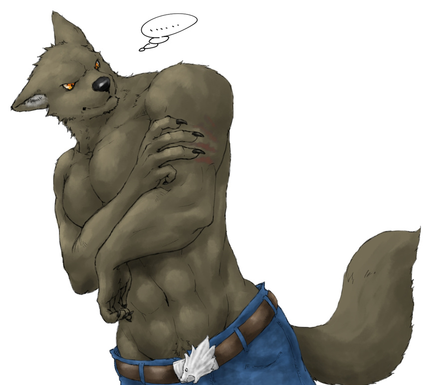 anthro belt biceps body_hair brown_fur canine captainjohkid claws clothed clothing crossed_arms fur half-dressed happy_trail jeans male mammal muscles orange_eyes pants pecs plain_background pose scratch solo standing topless uknown_artist were werewolf white_background wolf