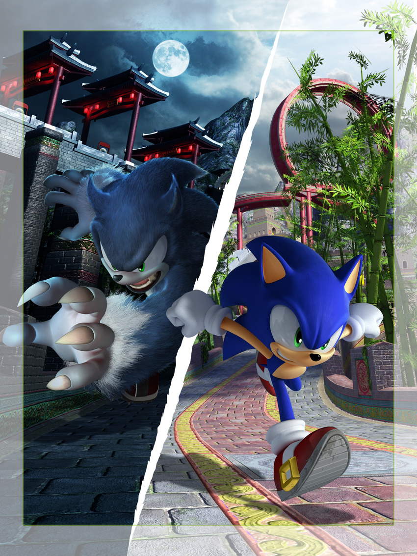 1boy absurdres dual_persona gloves green_eyes highres official_art running sega sonic sonic_the_hedgehog sonic_unleashed