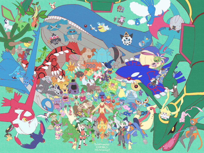 1boy 1girl absol absurdres aggron altaria anniversary anorith armaldo aron azurill bagon baltoy banette barboach beautifly beldum black_eyes blaziken blue_eyes blush breloom brendan_(pokemon) brown_hair cacnea cacturne camerupt carvanha cascoon castform castform_(normal) chimecho clamperl claydol combusken copyright_name corphish cradily crawdaunt delcatty deoxys deoxys_(speed) dusclops duskull dustox electrike everyone exploud fang feebas fingerless_gloves flygon gardevoir glalie gloves gorebyss green_background green_eyes grey_hair groudon grovyle grumpig gulpin hariyama highres huntail illumise jirachi kecleon kirlia kyogre lairon latias latios lileep linoone lombre lotad loudred ludicolo lunatone luvdisc makuhita manectric marshtomp masquerain mawile may_(pokemon) medicham meditite metagross metang mew_(pokemon) mightyena milotic minun mudkip nincada ninjask nosepass numel nuzleaf open_mouth pelipper plusle pokemon pokemon_(creature) pokemon_rse poochyena ralts rayquaza red_eyes regice regirock registeel relicanth roselia_(pokemon) sableye salamence sceptile sealeo seedot seviper sharpedo shedinja shelgon shiftry shroomish shuppet silcoon simple_background skitty slaking slakoth snorunt solrock spheal spinda spoink starry-doll surskit swablu swalot swampert swellow taillow torchic torkoal trapinch treecko tropius vibrava vigoroth volbeat wailmer wailord walrein whiscash whismur wingull wurmple wynaut yellow_eyes zangoose zigzagoon