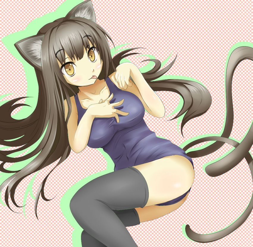 :p animal_ears blush breasts cat_ears cat_tail fukunaga_kazuhiro large_breasts long_hair multiple_tails one-piece_swimsuit original school_swimsuit smile solo swimsuit tail thighhighs tongue tongue_out very_long_hair