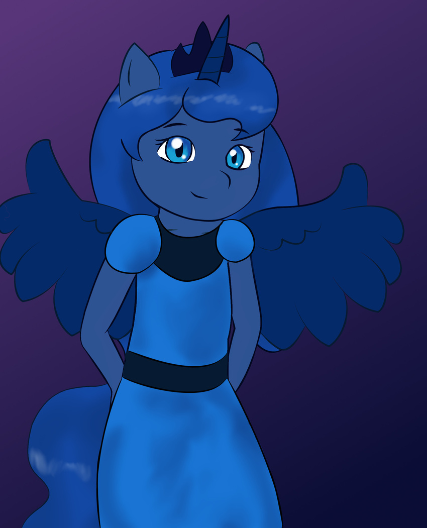 anthro anthrofied blue_eyes blue_hair crown dress equine female friendship_is_magic hair horn horse long_hair looking_at_viewer mammal my_little_pony pegasus pony princess_luna_(mlp) royalty solo unicorn winged_unicorn wings young zekromlover