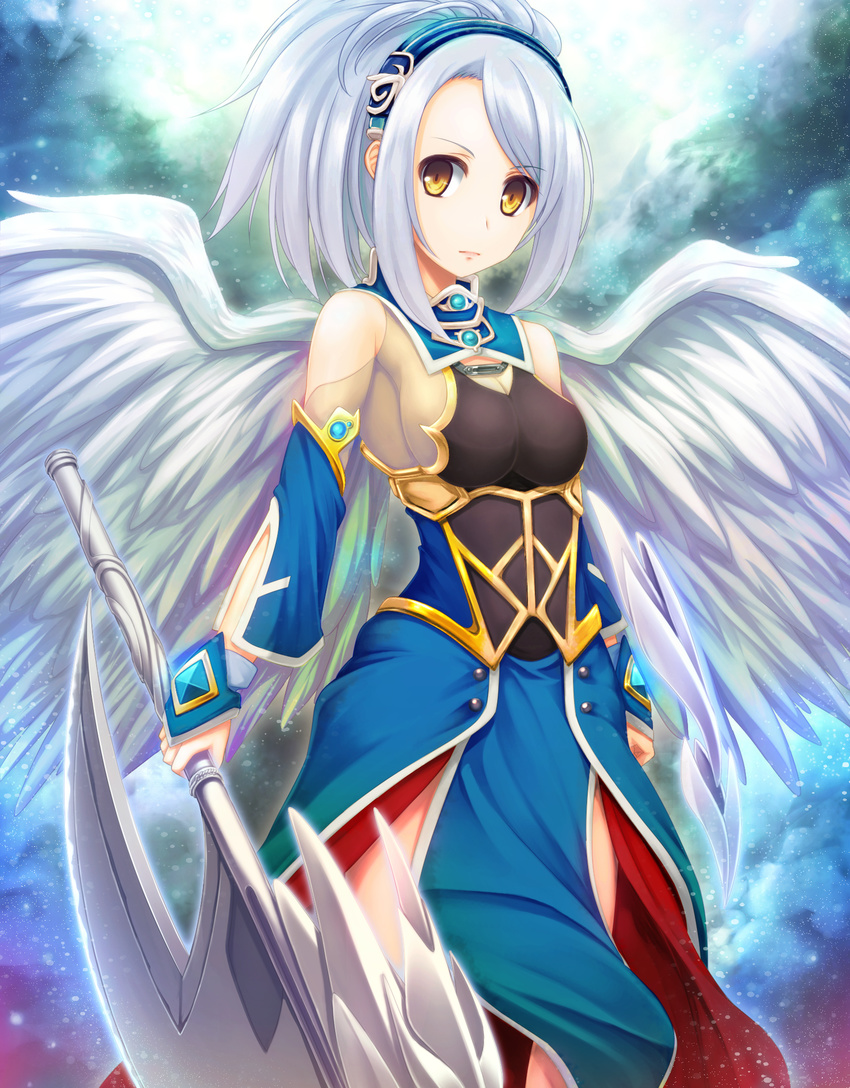 axe bangs bare_shoulders breasts cleavage detached_sleeves eyebrows_visible_through_hair gauntlets hairband highres holding holding_weapon large_wings looking_at_viewer looking_to_the_side medium_breasts original parted_bangs pelvic_curtain see-through silver_hair solo sorano_(12gou) weapon white_wings wings yellow_eyes