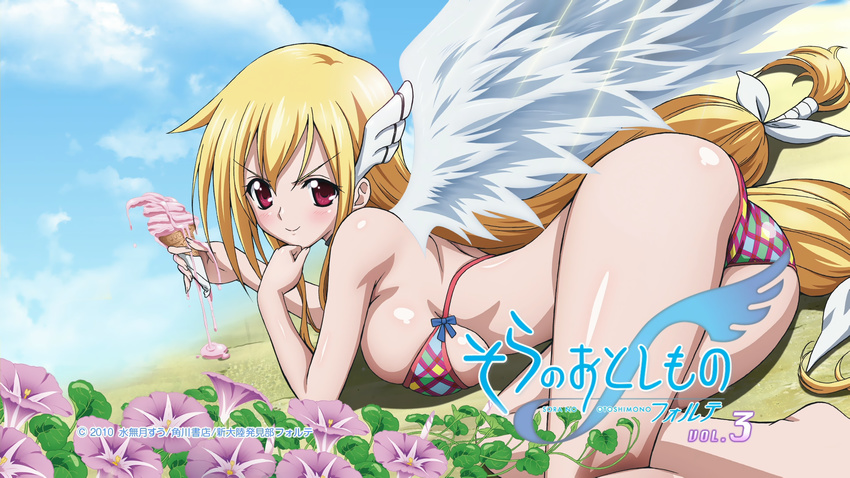 astraea bikini blonde_hair flowers ice_cream jpeg_artifacts long_hair sora_no_otoshimono swimsuit underboob wings