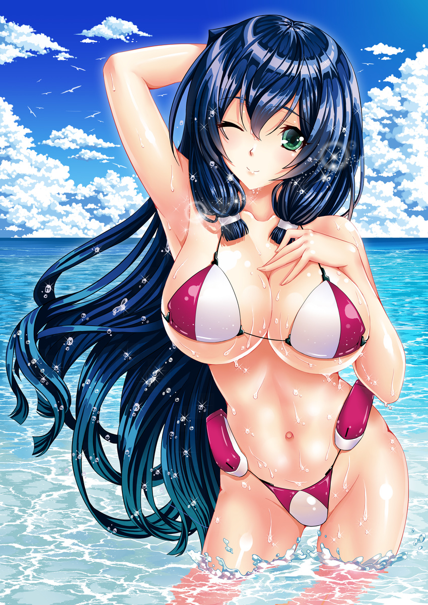 ;) absurdres arm_up armpits asama_tomo bad_id bad_pixiv_id bangs bikini bird blue_hair blush breast_suppress breasts caustics cleavage closed_mouth cloud collarbone contrapposto cowboy_shot day eyebrows_visible_through_hair green_eyes groin hair_between_eyes hair_tubes hand_behind_head hand_on_own_chest highleg highleg_bikini highres hips kyoukaisenjou_no_horizon large_breasts lens_flare light_smile long_hair mizutsuki_rei navel ocean one_eye_closed outdoors parted_bangs purple_bikini seagull shiny shiny_clothes shiny_hair shiny_skin sideboob sidelocks sky smile solo sparkle standing string_bikini swimsuit underboob very_long_hair wading water wet wet_hair white_bikini