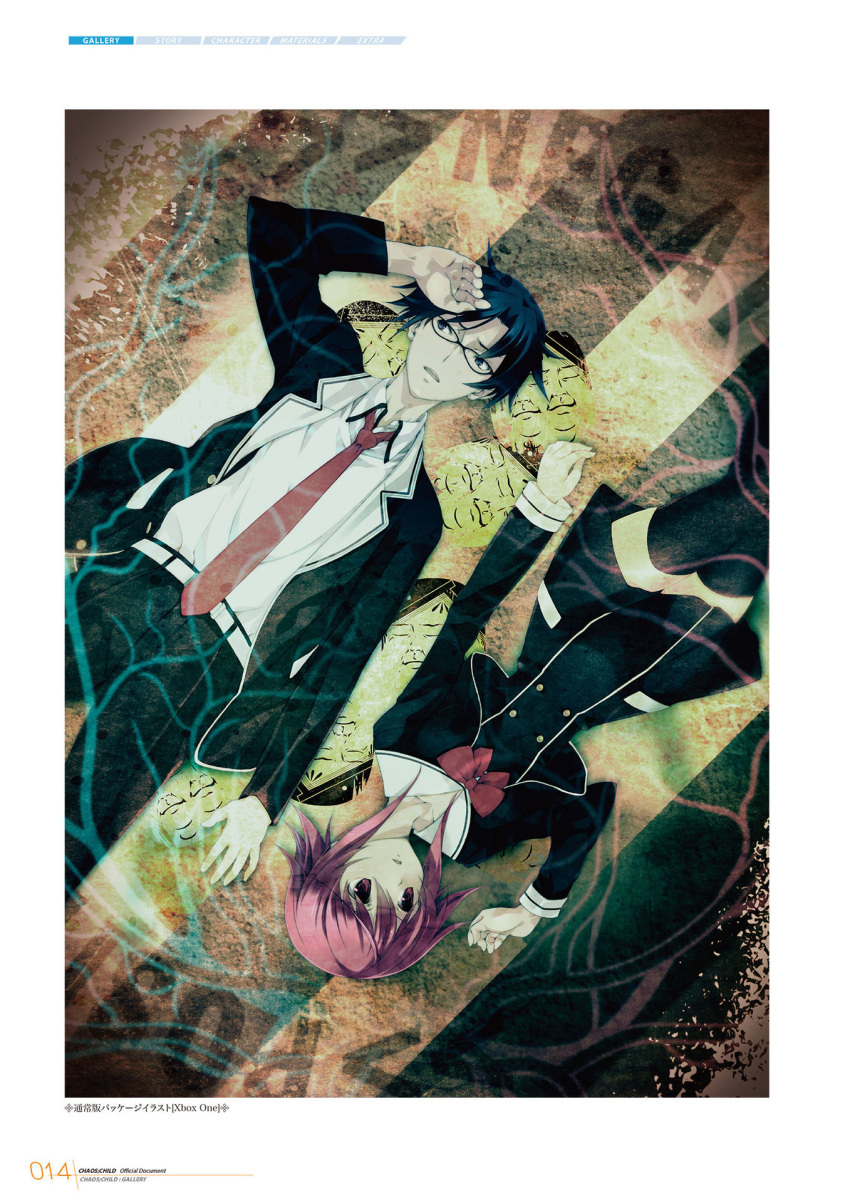 1boy 1girl belt black_dress black_hair black_jacket black_pants black_thighhighs blue_eyes bow bowtie brown_eyes chaos;child dress from_above glasses hekiho_academy hekiho_academy_uniform highres jacket looking_to_the_side lying miyashiro_takuru necktie official_art on_back onoe_serika pants parted_lips pink_hair red_bow red_bowtie red_necktie sasaki_mutsumi school_uniform shirt short_dress short_hair_with_long_locks sidelocks thighhighs white_shirt zettai_ryouiki