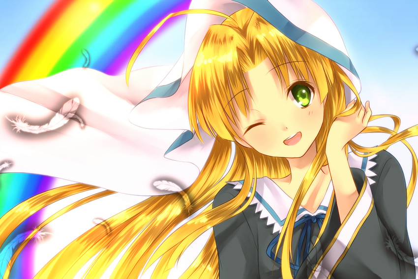 1girl asia_argento blonde_hair green_eyes hand_in_hair high_school_dxd long_hair rainbow smile solo wink