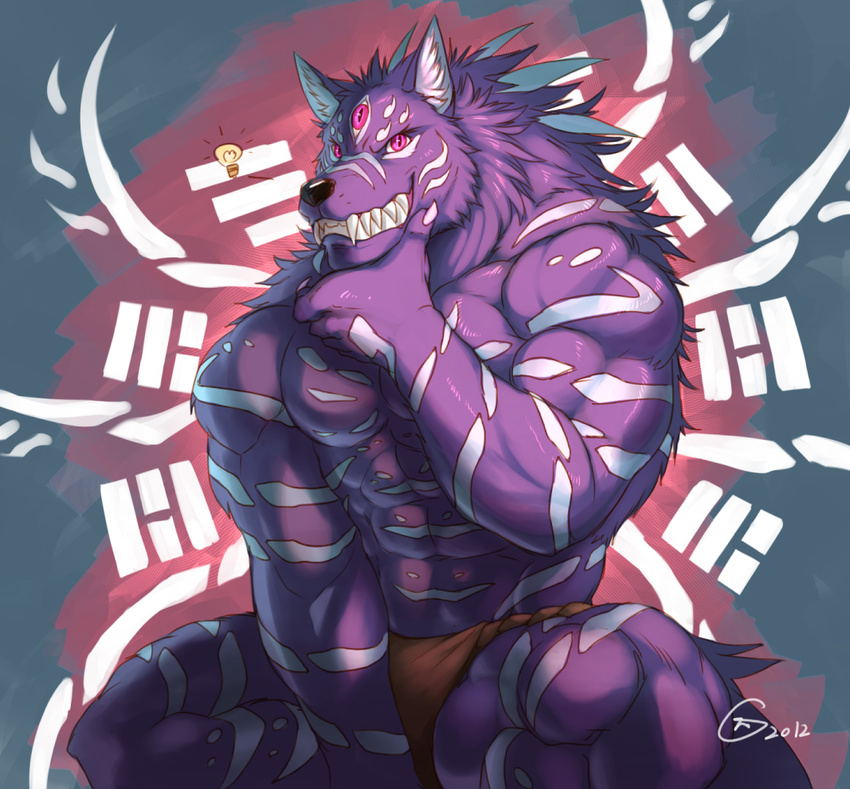 anthro biceps big_muscles body_markings canine claws clothed clothing fangs flexing fur grin hair half-dressed jaws loincloth male mammal markings muscles null-ghost pecs pink_eyes pose purple_fur sitting smile solo stripes topless tribal underwear white_fur wolf