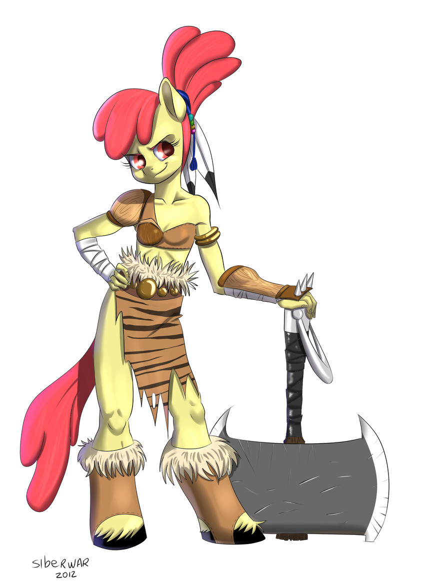 anthro anthrofied apple_bloom_(mlp) axe barbarian breasts equine female friendship_is_magic hair hooves horse mammal my_little_pony plain_background pony red_hair siberwar small_breasts warrior weapon white_background young