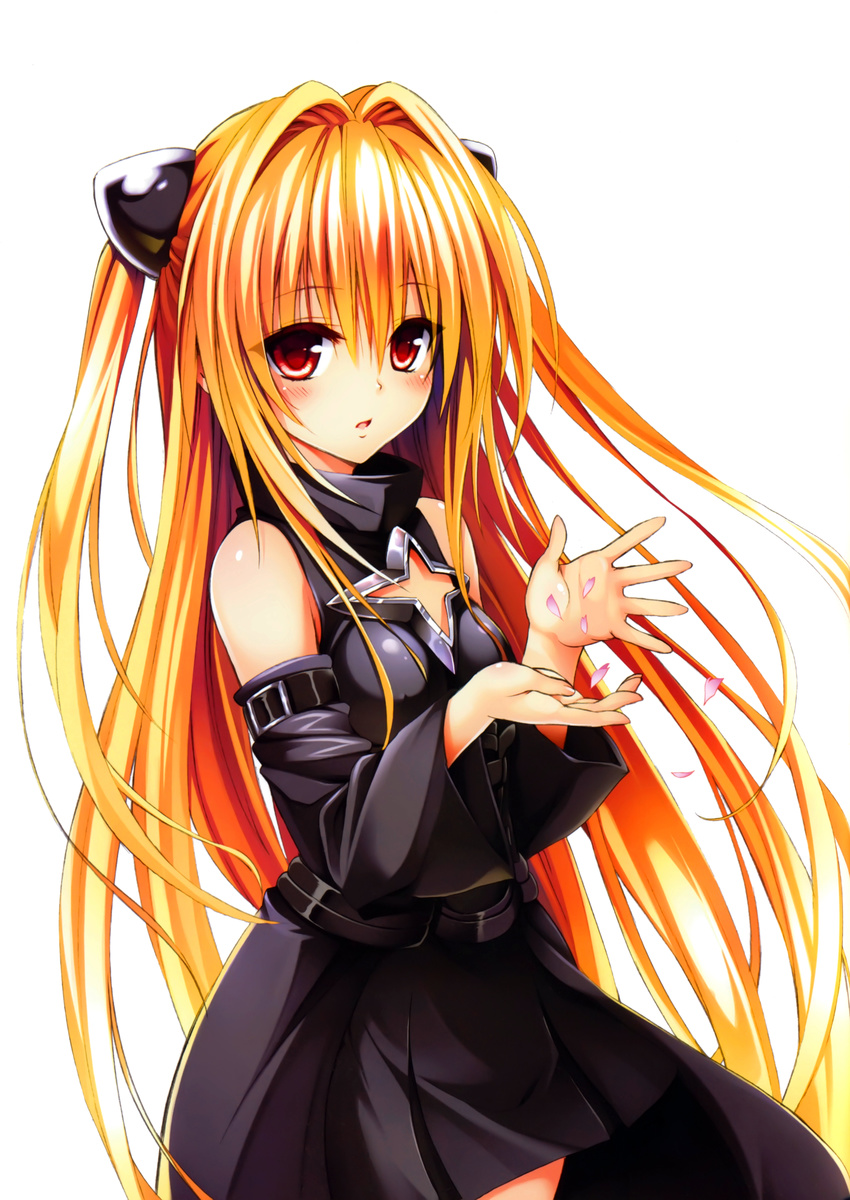 absurdres bare_shoulders blonde_hair detached_sleeves hair_intakes hair_ornament highres konjiki_no_yami long_hair looking_at_viewer parted_lips petals red_eyes scan simple_background solo to_love-ru to_love-ru_darkness two_side_up very_long_hair white_background yabuki_kentarou