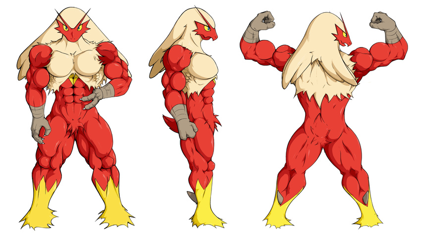 16:9 abs anthro avian back beak biceps big_muscles bird blaziken blonde_hair blue_eyes claws feathers fur hair looking_at_viewer male muscles nintendo nude pecs plain_background pok&#233;mon pok&eacute;mon pose red_feathers solo standing video_games waddledox white_background white_feathers widescreen yellow_feathers yellow_fur