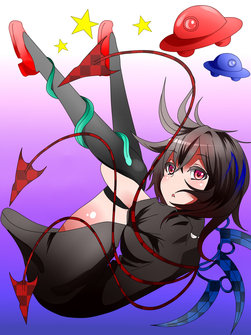 asymmetrical_wings black_hair black_legwear curled_up dress highres houjuu_nue hybrid_(1212apro) open_mouth red_eyes short_hair short_sleeves solo star thighhighs touhou ufo wings