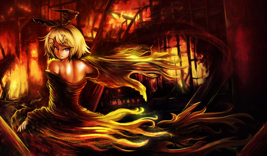 back bangs bare_shoulders blonde_hair bow burning fire hair_bow hair_ornament highres kagamine_rin looking_back md5_mismatch purple_eyes short_hair solo swept_bangs vocaloid yilx