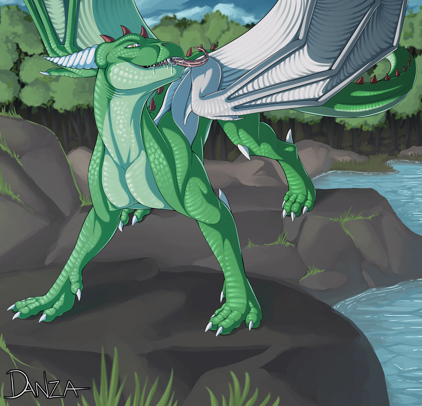 biceps claws danza dragon fangs feral forest green_dragon green_skin griz_sylverwing horn lake licking looking_at_viewer male muscles nude open_mouth outside pecs pose saliva scales scalie scenery solo toe_claws tongue tree wings wood yellow_eyes