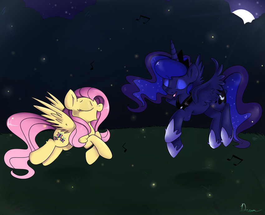 crown cutie_mark duo equine eyes_closed female feral firefly fluttershy_(mlp) flying friendship_is_magic horn horse insect lustrous-dreams mammal moon my_little_pony necklace night pegasus pony princess_luna_(mlp) singing sparkles stars winged_unicorn wings