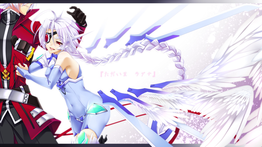 1girl albino blazblue braid bridal_gauntlets coat covered_navel eyepatch gloves head_out_of_frame long_hair navel nu-13 ragna_the_bloodedge red_eyes sayo_wini single_braid smile white_hair