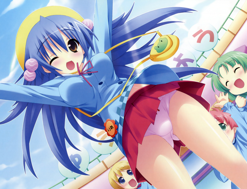 blue_hair kannagi_rei kujou_ria long_hair panties seifuku skirt twinkle_crusaders underwear upskirt wink