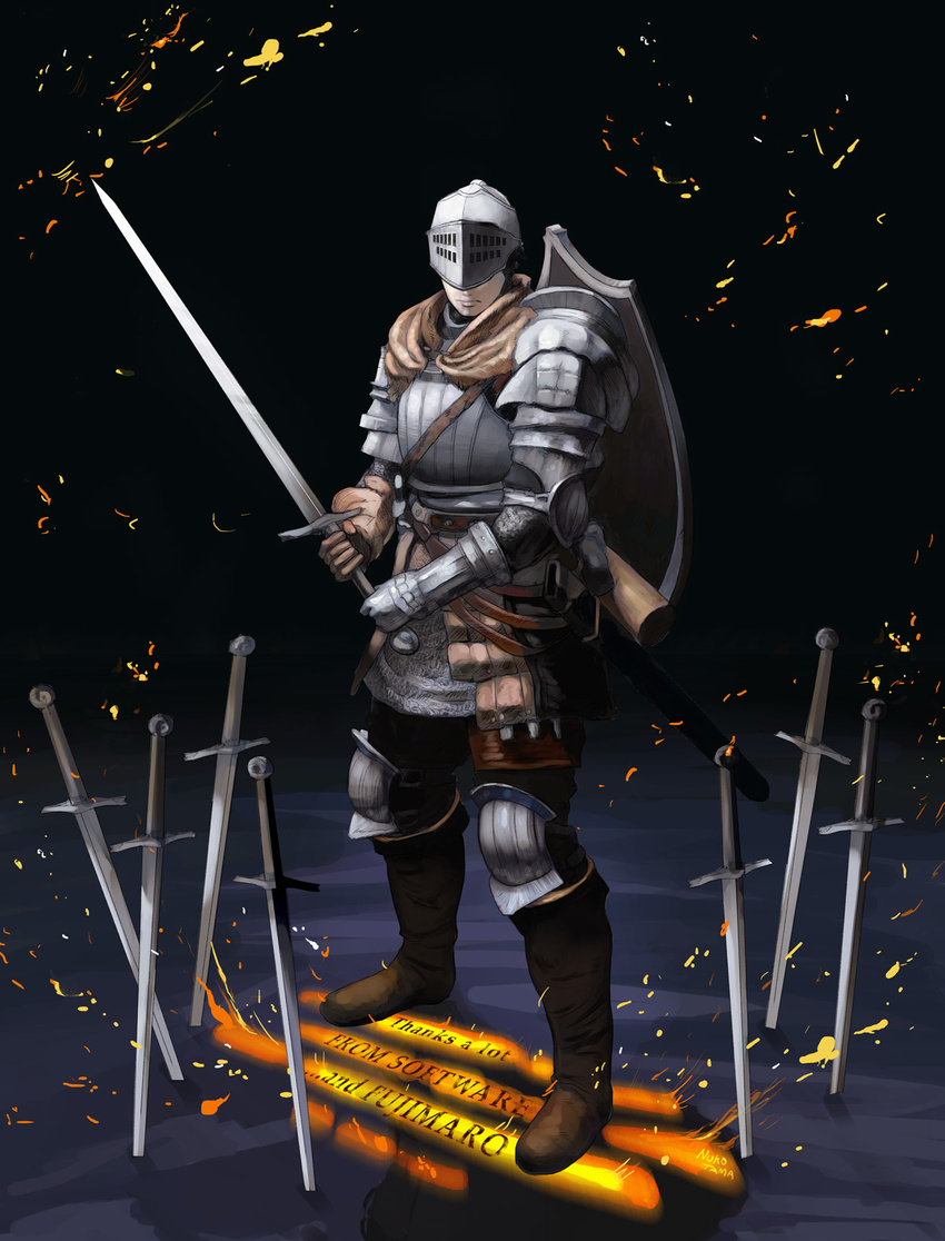 armor chainmail chosen_undead dark_souls embers english full_armor gauntlets helmet highres knight male_focus nukotama pauldrons sheath shield solo souls_(from_software) sword visor_(armor) weapon