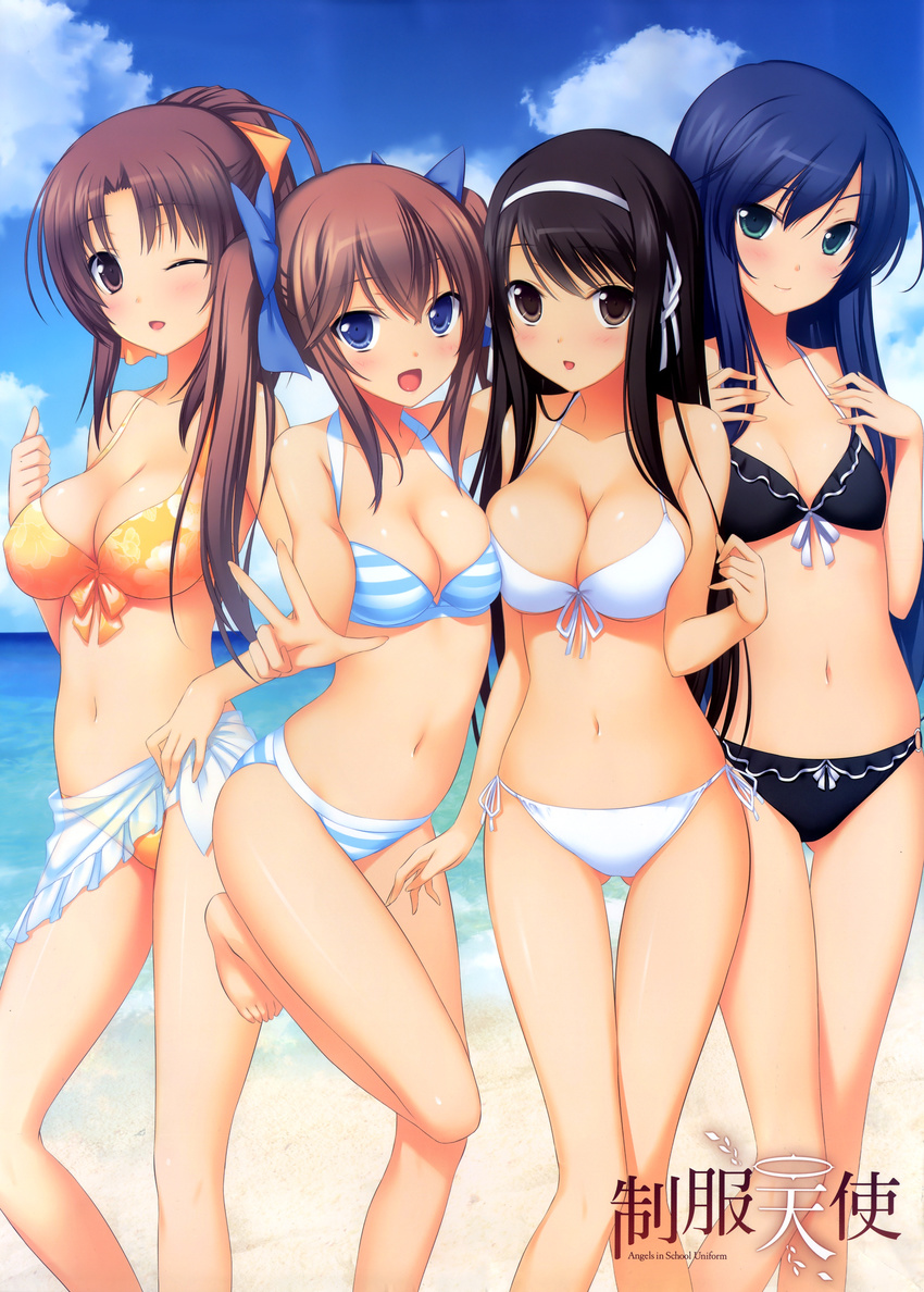 :d ;d absurdres bare_shoulders bikini black_bikini black_hair blue_eyes blue_hair blue_sky breast_press breasts brown_eyes brown_hair cleavage cloud day front-tie_top green_eyes hair_ribbon highres kisaragi_myau large_breasts long_hair looking_at_viewer manahime_honoka mochizuki_ayane multiple_girls nanami_shion navel neon_(seifuku_tenshi) o-ring o-ring_bottom one_eye_closed open_mouth ponytail ribbon sarong scan seifuku_tenshi shiny shiny_skin side-tie_bikini sidelocks sky small_breasts smile string_bikini striped striped_bikini striped_swimsuit swimsuit thigh_gap translucent_sarong twintails v white_bikini white_sarong