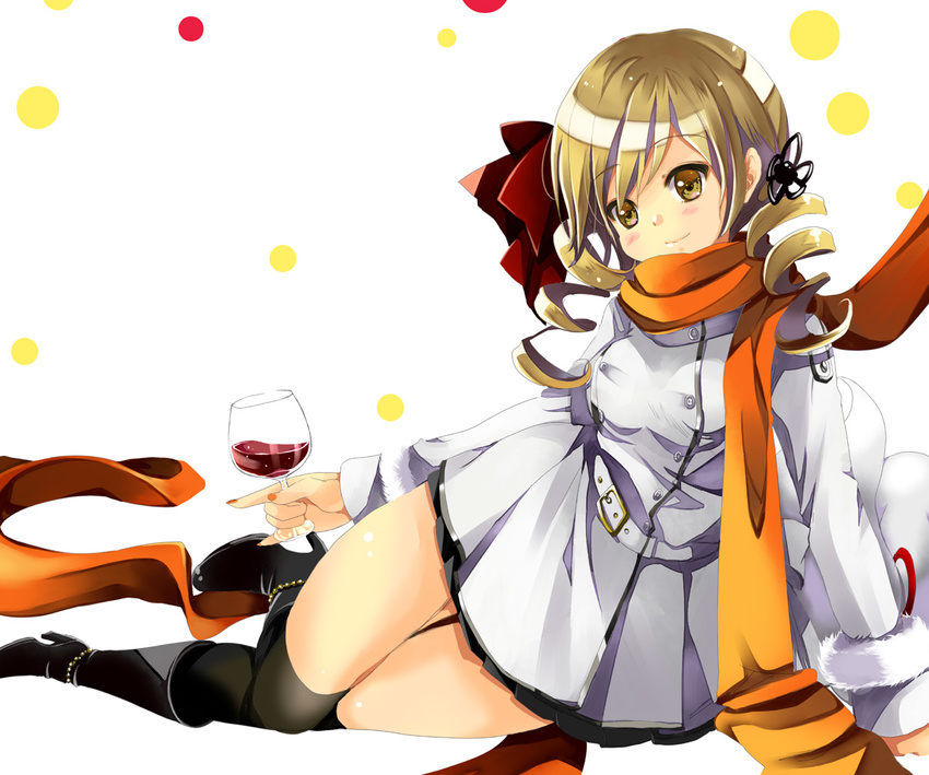 alcohol alternate_costume arm_support bad_id bad_pixiv_id black_legwear blonde_hair blush boots bow coat cup drill_hair drinking_glass gouda_nagi hair_bow hair_ornament kyubey mahou_shoujo_madoka_magica orange_scarf scarf smile thighhighs tomoe_mami twin_drills twintails wine wine_glass yellow_eyes zettai_ryouiki