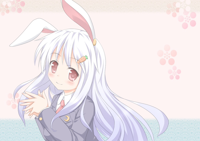 animal_ears blush bunny_ears carrot carrot_hair_ornament food_themed_hair_ornament hair_ornament long_hair long_sleeves looking_at_viewer necktie purple_hair red_eyes red_neckwear reisen_udongein_inaba shino_megumi smile solo touhou very_long_hair