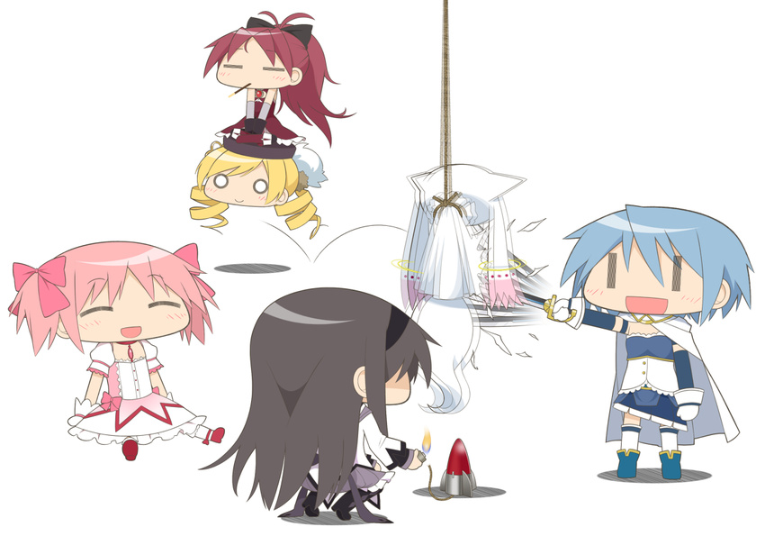 =_= akemi_homura armband bad_id bad_pixiv_id beret black_hair blonde_hair blue_hair bow cape chibi drill_hair food gloves hair_bow hairband haribote_(tarao) hat hopping kaname_madoka kyubey lighter long_hair magical_girl mahou_shoujo_madoka_magica mami_mogu_mogu miki_sayaka multiple_girls o_o pantyhose pink_hair pocky red_hair rocket sakura_kyouko short_hair short_twintails sitting slashing soul_gem spoilers sword teruterubouzu tomoe_mami twin_drills twintails weapon wide_face ||_||