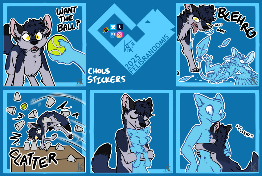 anthro avali ball canid canine duo felisrandomis fur hi_res hug humor lying male mammal on_back pawpads size_difference solo tennis_ball winged_arms wings