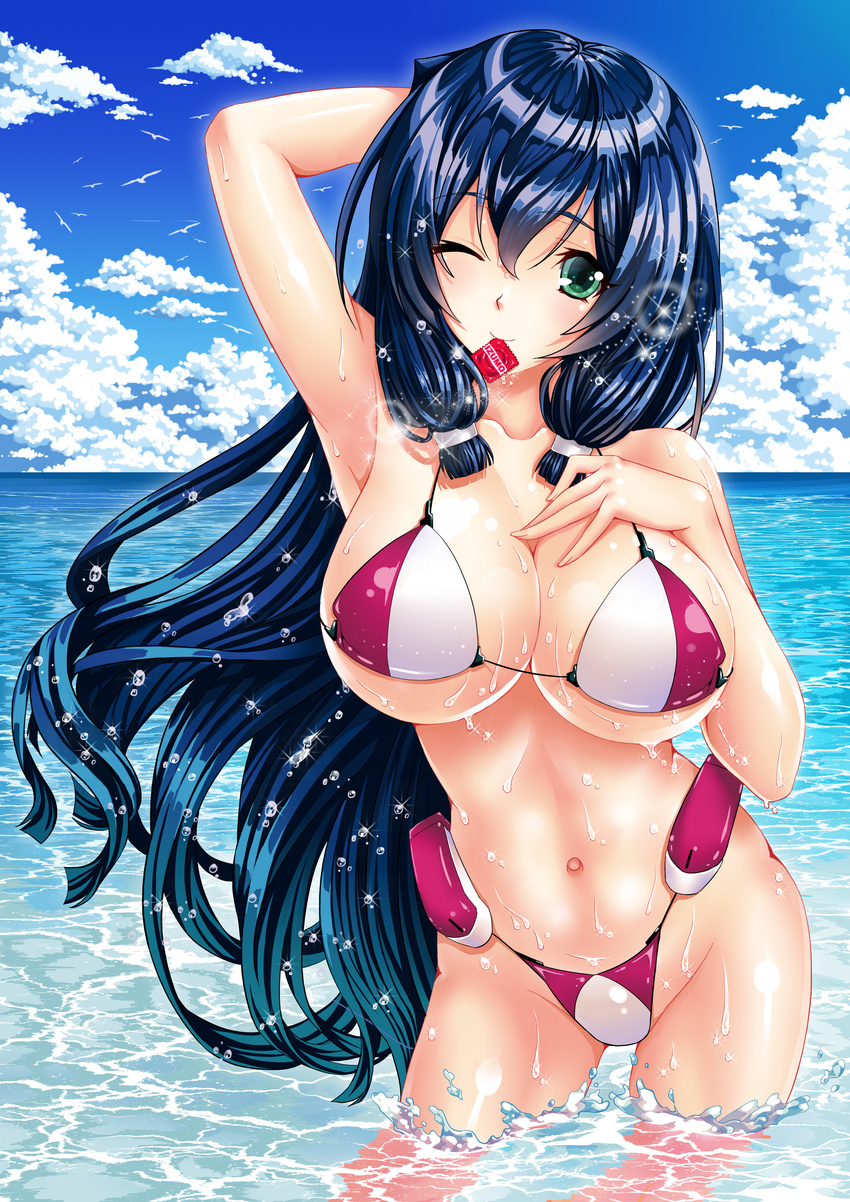 ;) absurdres arm_up armpits asama_tomo bad_id bad_pixiv_id bangs bikini bird blue_hair blush breast_suppress breasts caustics cleavage closed_mouth cloud collarbone condom condom_in_mouth condom_wrapper contrapposto cowboy_shot day eyebrows_visible_through_hair green_eyes groin hair_between_eyes hair_tubes hand_behind_head hand_on_own_chest highleg highleg_bikini highres hips kyoukaisenjou_no_horizon large_breasts lens_flare light_smile long_hair mizutsuki_rei mouth_hold navel ocean one_eye_closed outdoors parted_bangs purple_bikini seagull shiny shiny_clothes shiny_hair shiny_skin sideboob sidelocks sky smile solo sparkle standing string_bikini swimsuit underboob very_long_hair wading water wet wet_hair white_bikini