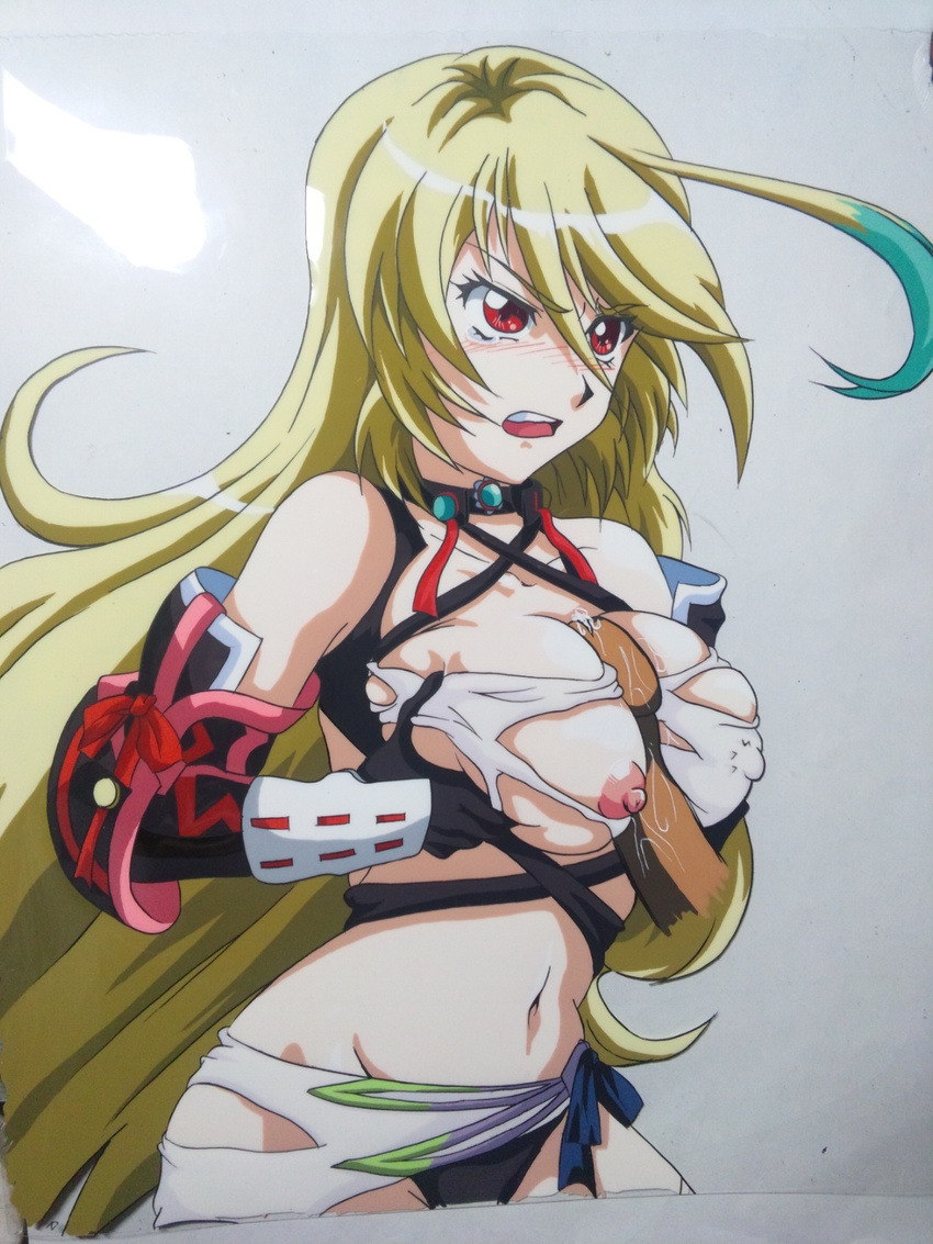 1girl angry areolae bare_shoulders blonde_hair blush breasts erect_nipples gloves hasamimushi highres interracial large_breasts long_hair milla_maxwell navel nipples open_mouth paizuri penis red_eyes scissor_insect standing tales_of_(series) tales_of_xillia tears uncensored