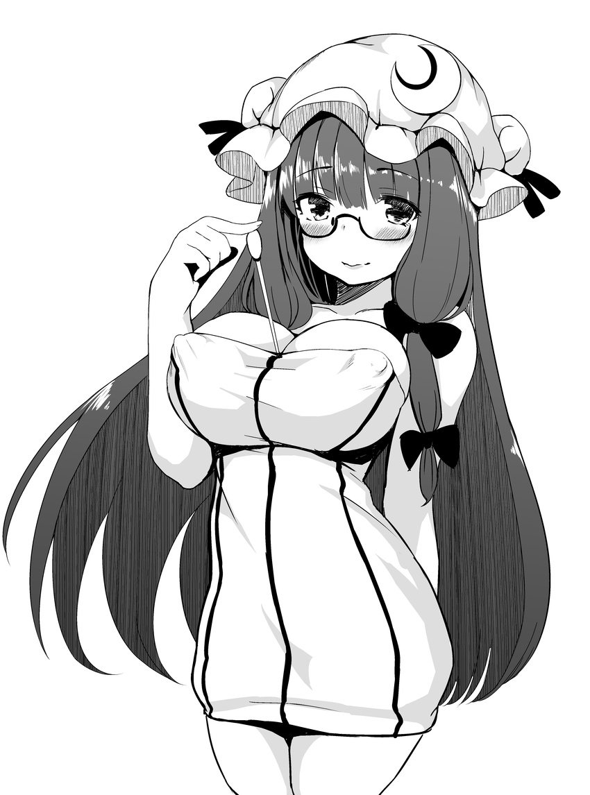 absurdres bespectacled blush bow breasts collarbone covered_nipples crescent glasses greyscale hair_bow hat highres large_breasts long_hair looking_at_viewer monochrome patchouli_knowledge pokachu smile solo striped touhou vertical_stripes white_background