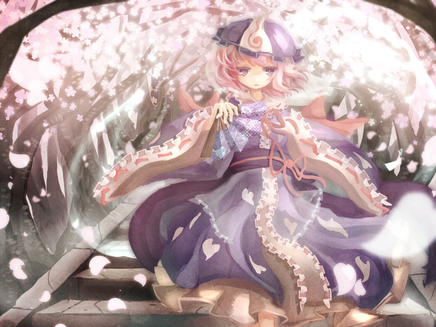 cherry_blossoms fan flower hat japanese_clothes long_sleeves open_mouth petals pink_eyes pink_hair saigyouji_yuyuko solo ti_owo touhou tree triangular_headpiece wide_sleeves