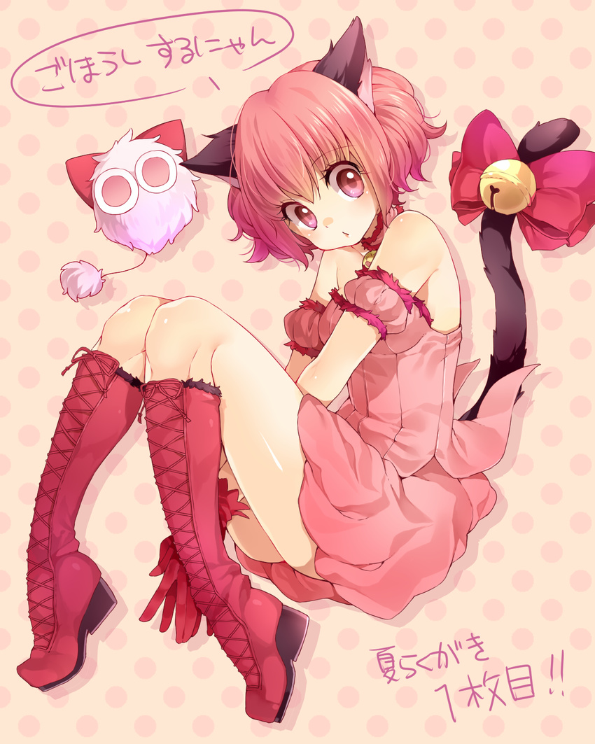 animal animal_ears bare_shoulders bell boots bow cat_ears cat_tail choker dress gloves highres knee_boots looking_at_viewer mew_ichigo momomiya_ichigo pink_choker pink_eyes pink_hair polka_dot polka_dot_background red_gloves rojiko short_hair solo tail tail_bell tail_bow tokyo_mew_mew translated