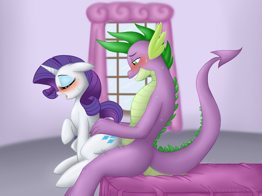 anthro anthro_on_feral bed bestiality biting_lip blush chair_position cutie_mark dragon duo equine eyes_closed female feral friendship_is_magic green_eyes hair half-closed_eyes hasana-chan horn horse inside interspecies male mammal my_little_pony nude on_top open_mouth penetration pony purple_hair rarity_(mlp) reverse_cowgirl_position scalie sex signature sitting spike_(mlp) straight sweat unicorn