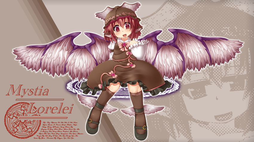 animal_ears ankle_wings annotated arm_strap blush brown_legwear character_name engrish fang hat head_tilt heart heart-shaped_pupils highres kneehighs long_sleeves mystia_lorelei open_mouth ranguage red_eyes red_hair rutsubo short_hair skirt skirt_set smile solo symbol-shaped_pupils touhou winged_hat wings