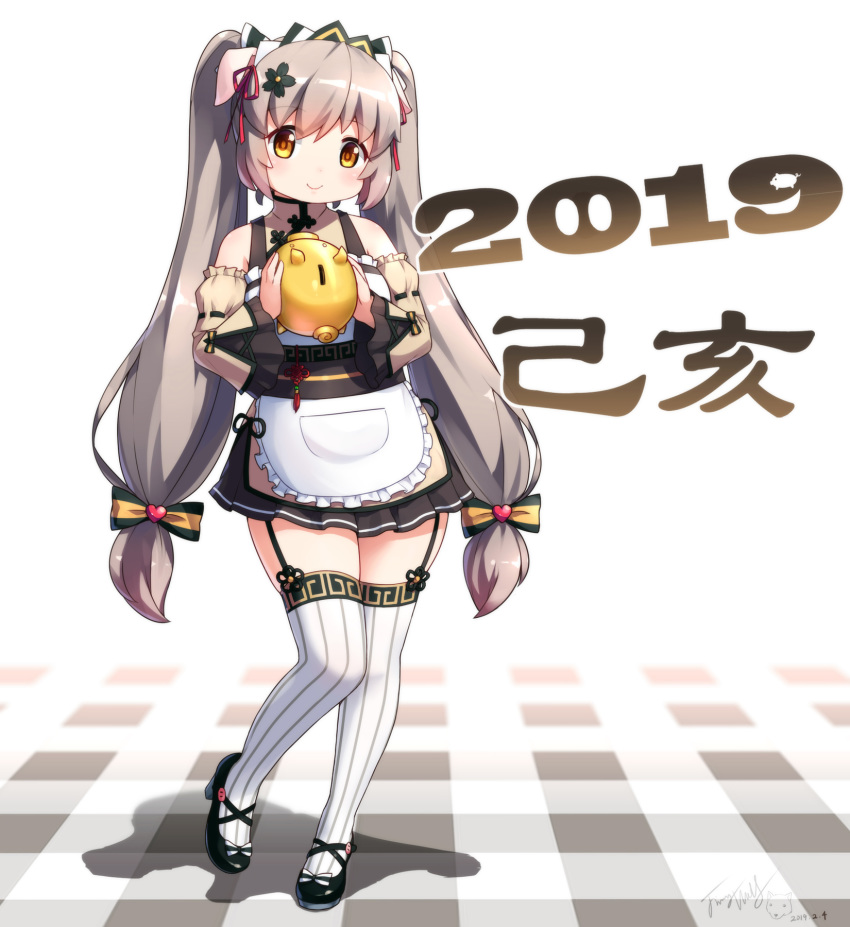 1girl 2019 apron bangs bare_shoulders black_flower black_footwear blush bow brown_dress brown_eyes brown_hair brown_skirt chinese_zodiac closed_mouth commentary_request dated detached_sleeves dress eyebrows_visible_through_hair flower frilled_apron frills hair_between_eyes hair_bow hair_flower hair_ornament hair_ribbon head_tilt heart heart_hair_ornament high_heels highres holding juliet_sleeves langbazi long_hair long_sleeves looking_at_viewer orange_bow original pig piggy_bank plaid pleated_skirt puffy_sleeves red_ribbon ribbon shadow shoes sidelocks signature skirt sleeveless sleeveless_dress smile solo standing standing_on_one_leg striped striped_bow striped_legwear twintails vertical-striped_legwear vertical_stripes very_long_hair white_apron white_background white_legwear wide_sleeves year_of_the_pig