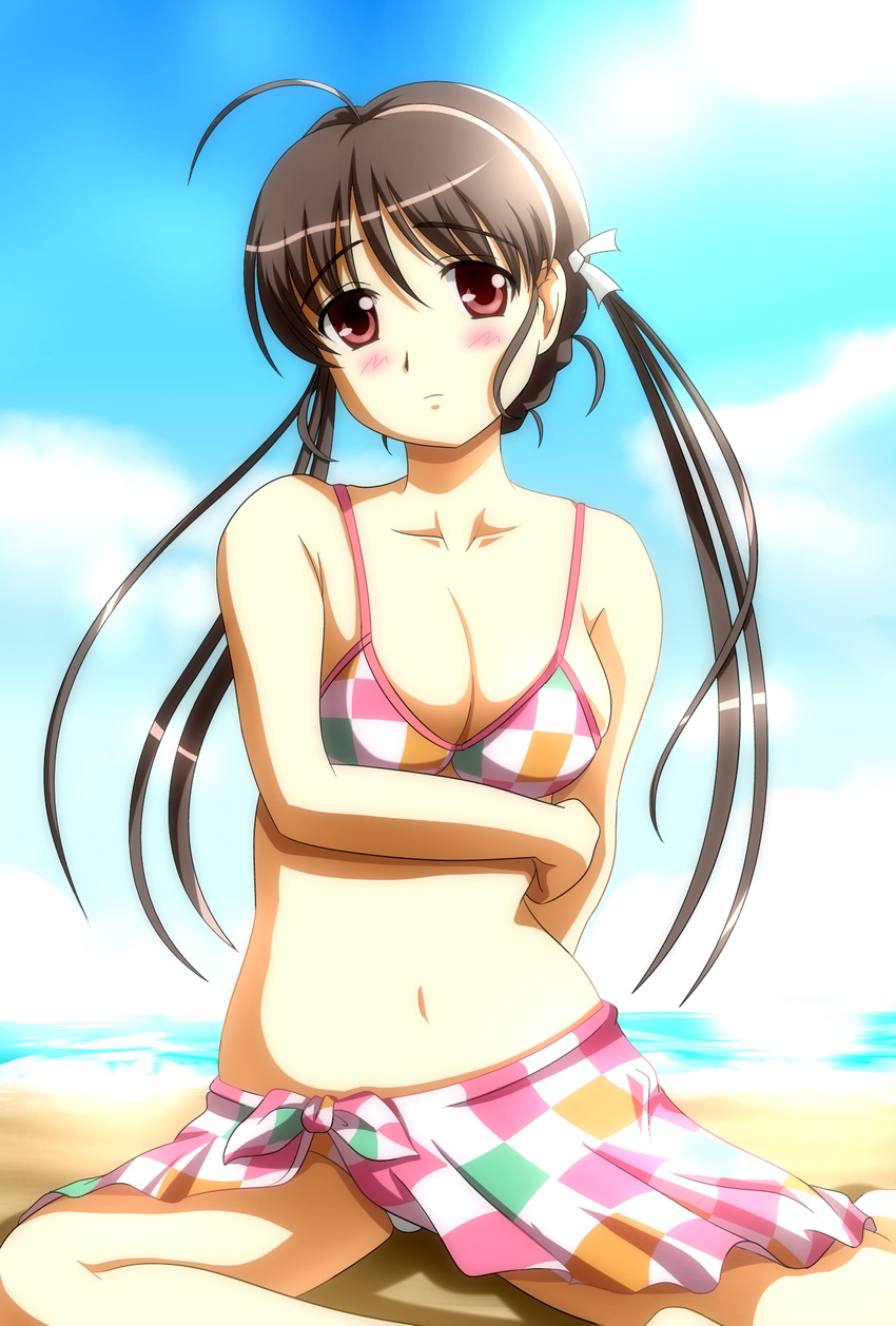 ahoge bikini blush breasts brown_hair checkered checkered_bikini cleavage frown fuuraiki highres kazusa_fujinomiya navel red_eyes sarong serizawa_koyomi swimsuit twintails