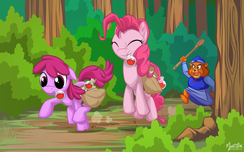 berry_punch_(mlp) brown_fur brown_hair bushes clothed clothing crossover dust equine eyes_closed female feral forest friendship_is_magic fur grammi_gummi group gummi_bears gummiberry_juice hair horse mammal my_little_pony mysticalpha outside pink_fur pink_hair pinkie_pie_(mlp) pony purple_eyes purple_fur purple_hair saddle_bag saddlebag tree wood wooden_spoon