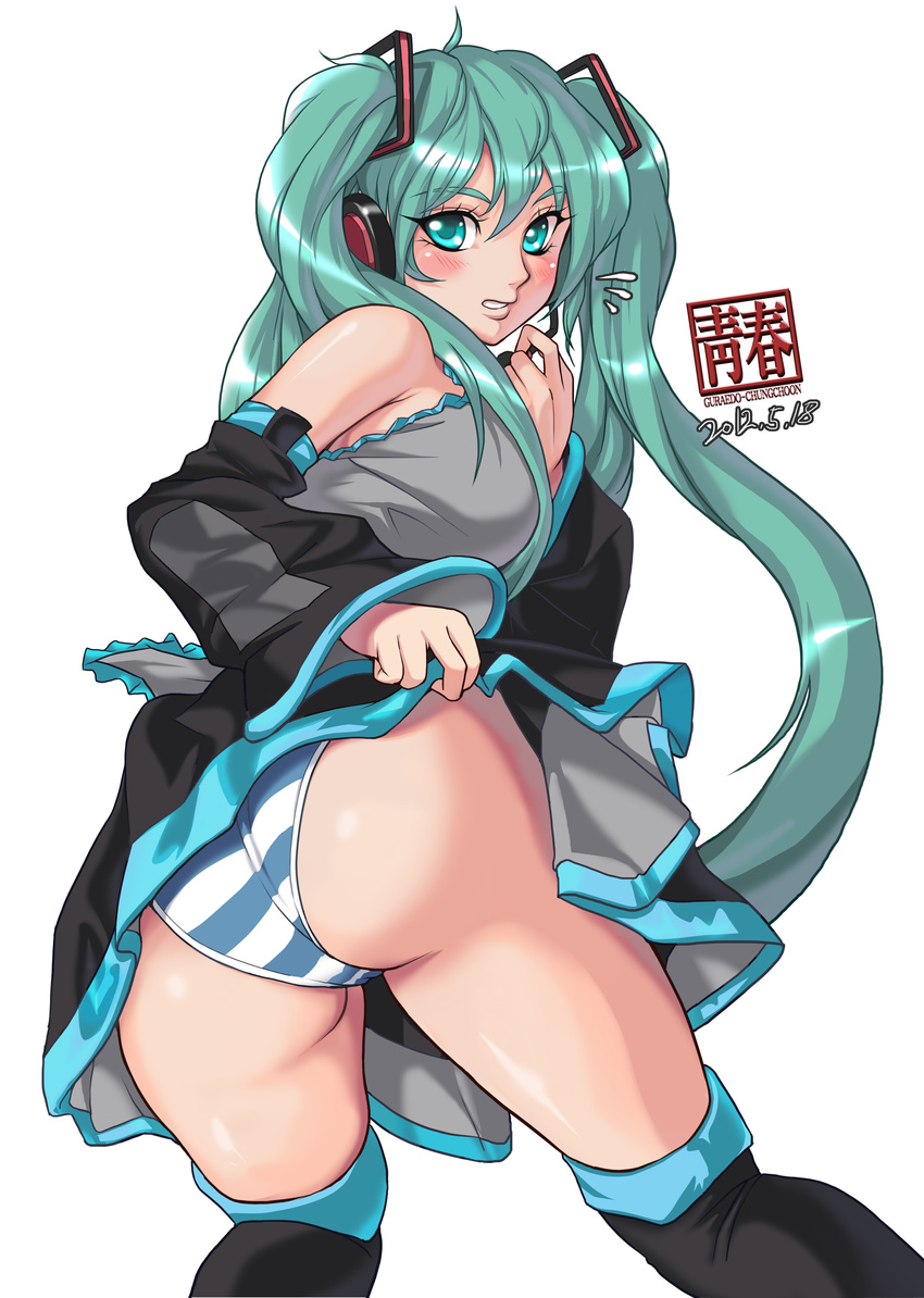 2012 absurdres artist_name ass blush dated detached_sleeves green_eyes green_hair guraedo-chungchoon hatsune_miku headset highres long_hair looking_back panties simple_background skirt skirt_lift solo striped striped_panties thighhighs twintails underwear very_long_hair vocaloid white_background